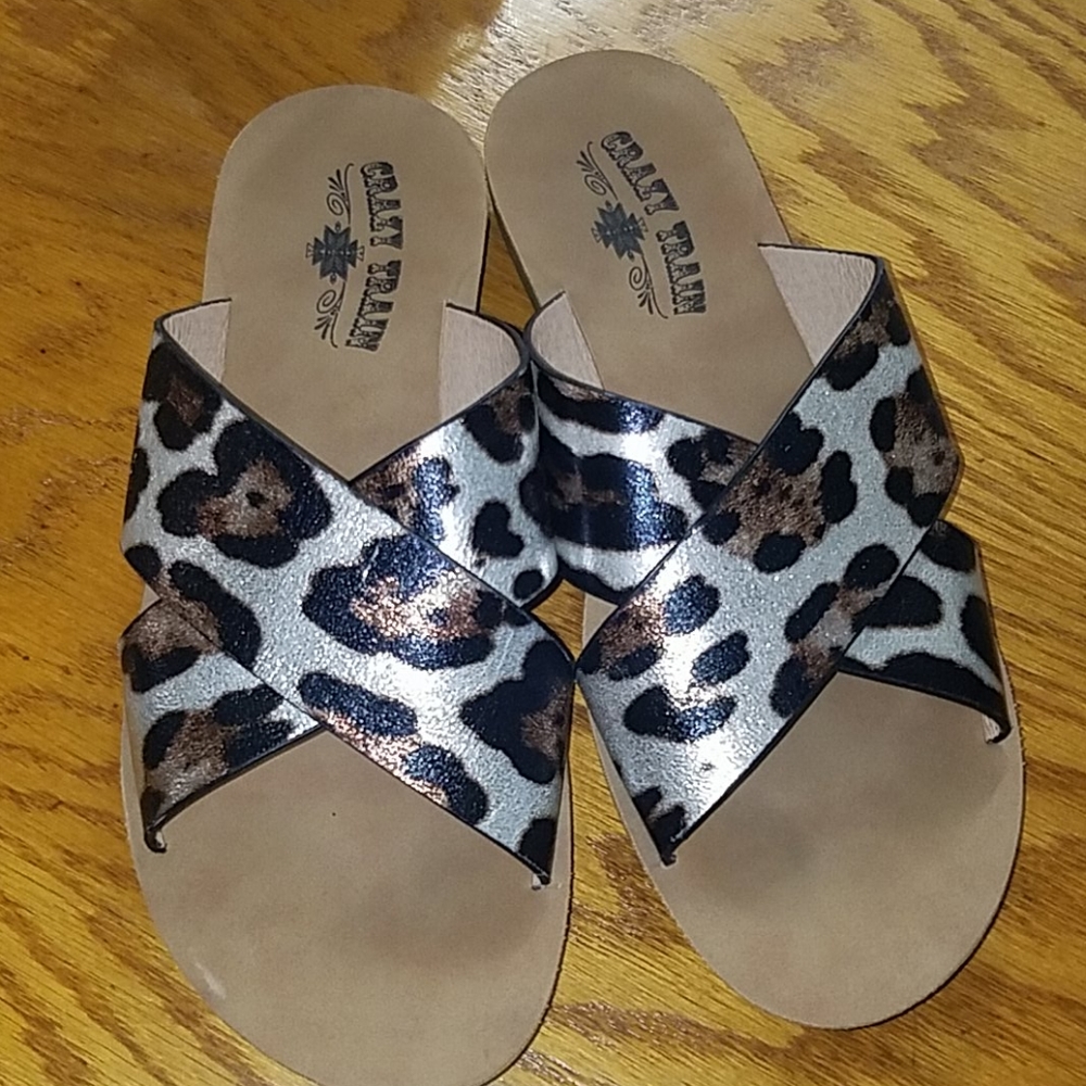 Crazy Train Beach Please Leopard Print Slides